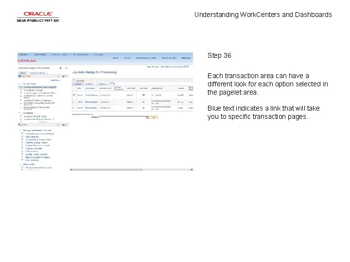 Understanding Work. Centers and Dashboards Step 36 Each transaction area can have a different
