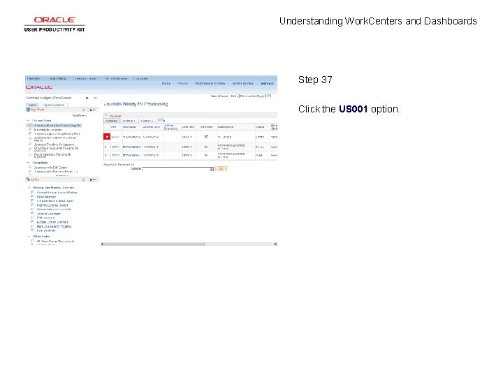 Understanding Work. Centers and Dashboards Step 37 Click the US 001 option. 