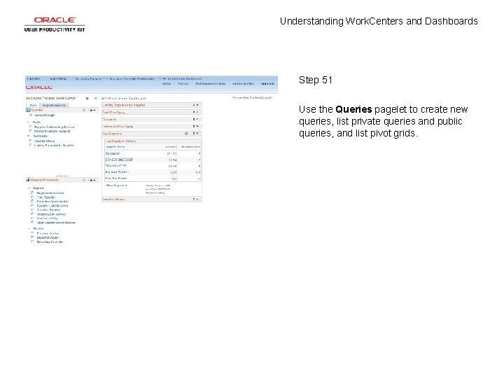 Understanding Work. Centers and Dashboards Step 51 Use the Queries pagelet to create new