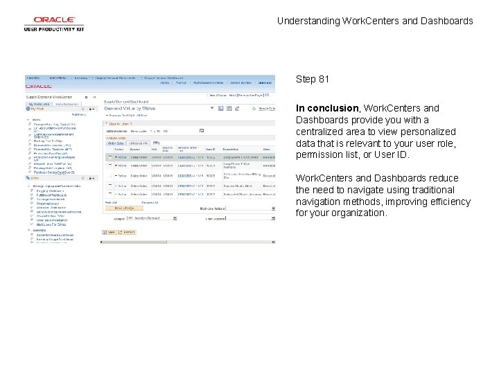 Understanding Work. Centers and Dashboards Step 81 In conclusion, Work. Centers and Dashboards provide