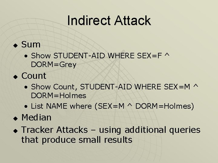 Indirect Attack u Sum • Show STUDENT-AID WHERE SEX=F ^ DORM=Grey u Count •