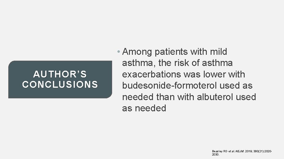 AUTHOR’S CONCLUSIONS • Among patients with mild asthma, the risk of asthma exacerbations was