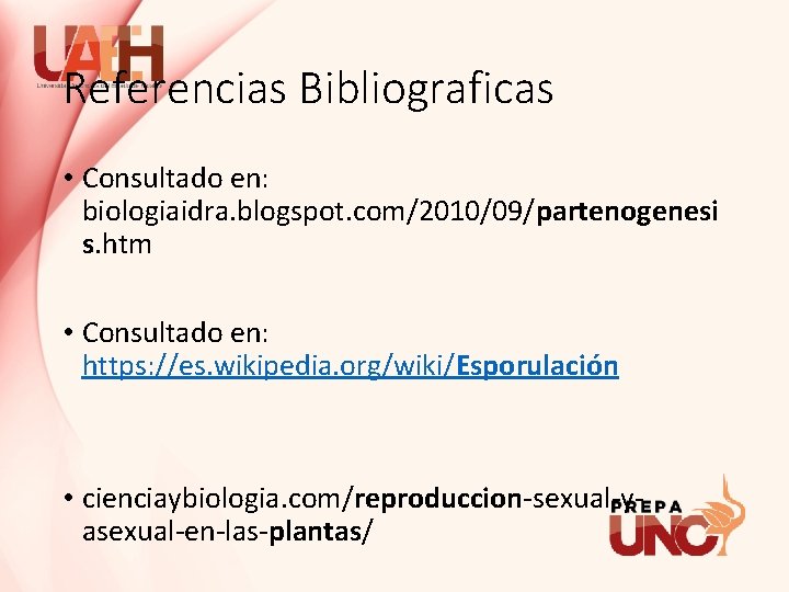 Referencias Bibliograficas • Consultado en: biologiaidra. blogspot. com/2010/09/partenogenesi s. htm • Consultado en: https: