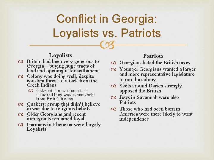 Conflict in Georgia: Loyalists vs. Patriots Loyalists Britain had been very generous to Georgia—buying