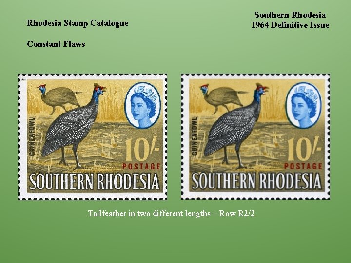 Rhodesia Stamp Catalogue Southern Rhodesia 1964 Definitive Issue Constant Flaws Tailfeather in two different