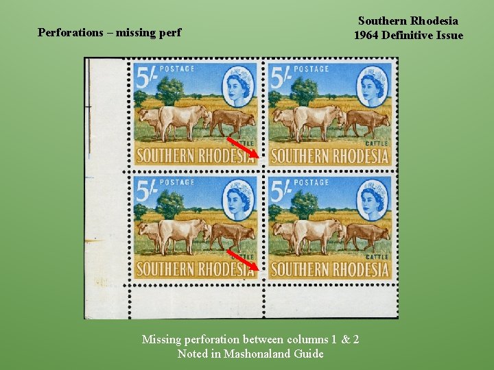 Perforations – missing perf Southern Rhodesia 1964 Definitive Issue Missing perforation between columns 1