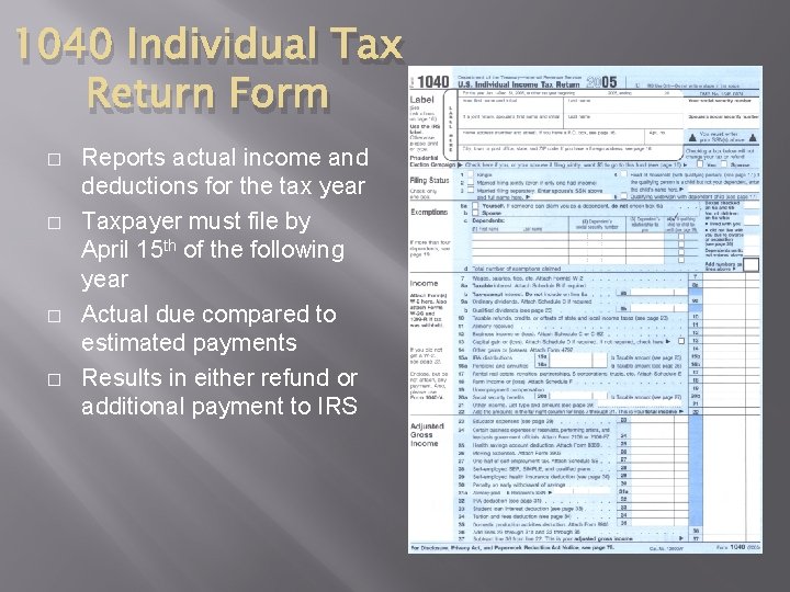 1040 Individual Tax Return Form � � Reports actual income and deductions for the