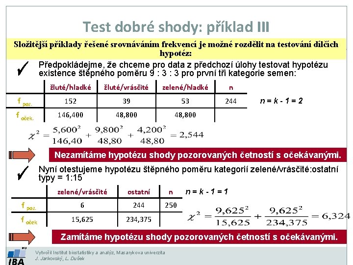 Test dobré shody: příklad III Složitější příklady řešené srovnáváním frekvencí je možné rozdělit na