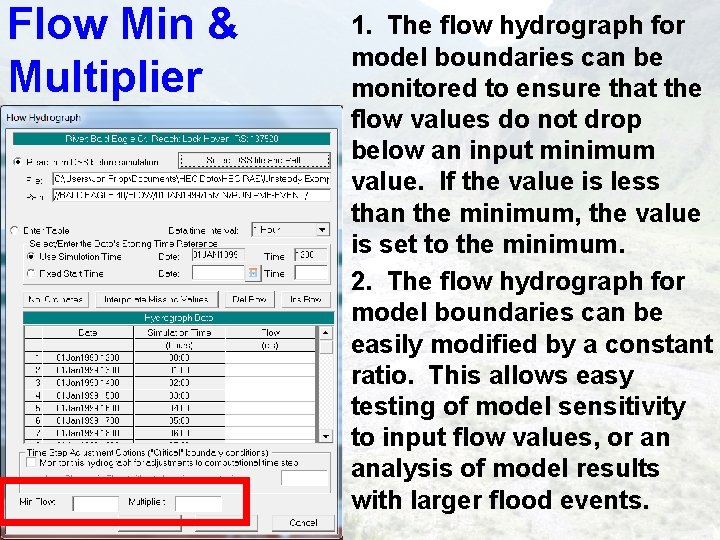 Flow Min & Multiplier 1. The flow hydrograph for model boundaries can be monitored