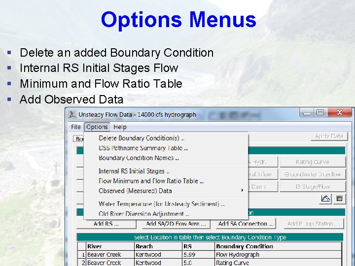 Options Menus § § Delete an added Boundary Condition Internal RS Initial Stages Flow