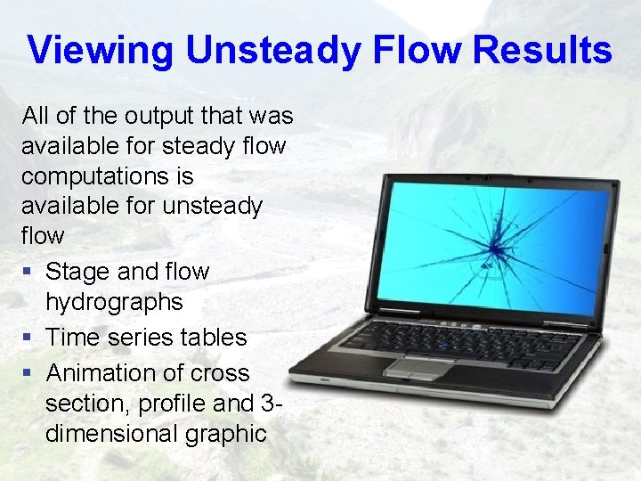 Viewing Unsteady Flow Results All of the output that was available for steady flow