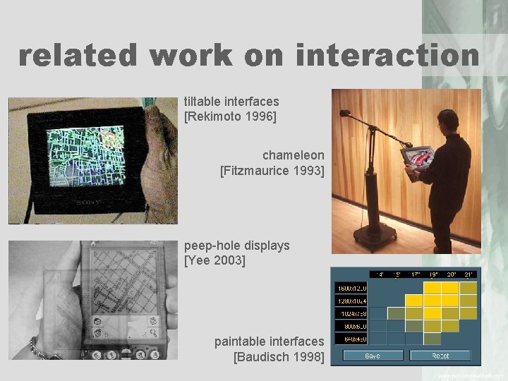 related work on interaction tiltable interfaces [Rekimoto 1996] chameleon [Fitzmaurice 1993] peep-hole displays [Yee