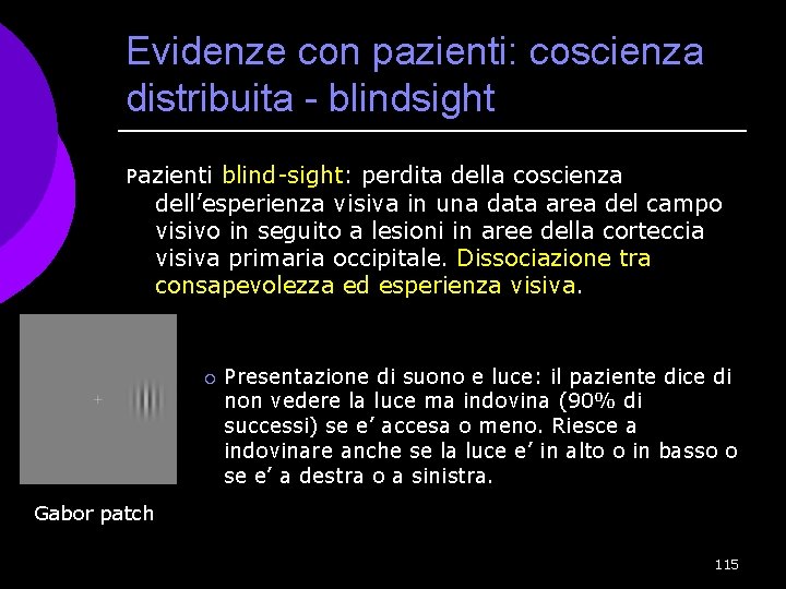 Evidenze con pazienti: coscienza distribuita - blindsight Pazienti blind-sight: perdita della coscienza dell’esperienza visiva