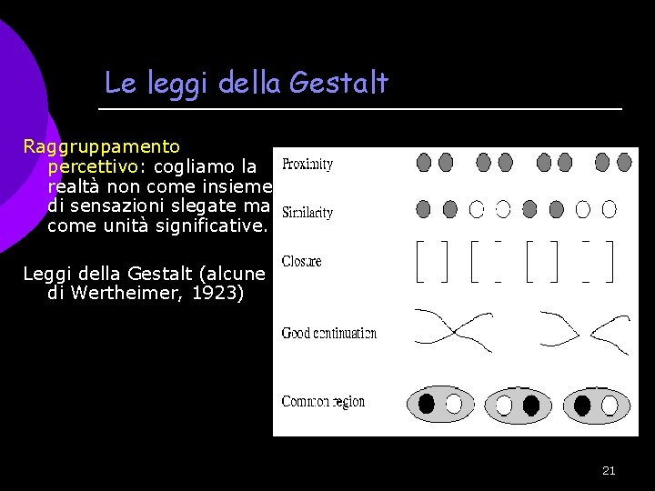 Le leggi della Gestalt Raggruppamento percettivo: cogliamo la realtà non come insieme di sensazioni