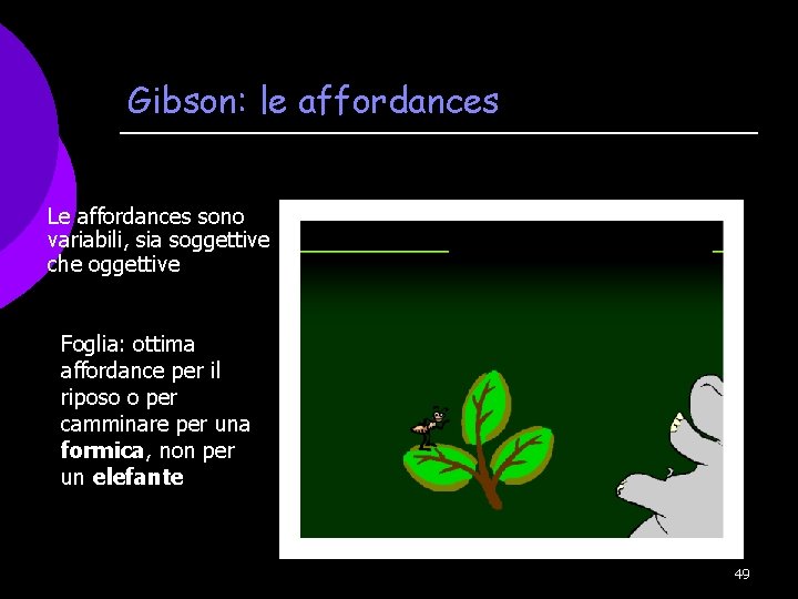 Gibson: le affordances Le affordances sono variabili, sia soggettive che oggettive Foglia: ottima affordance