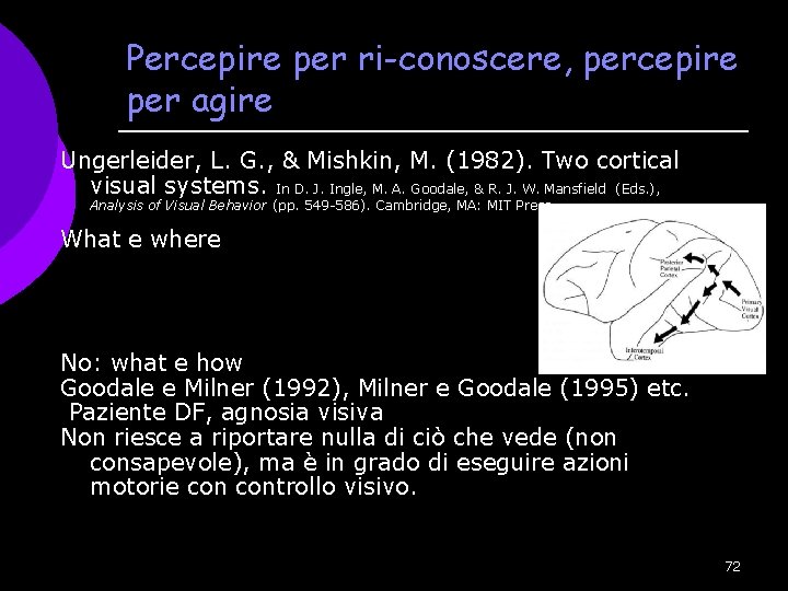 Percepire per ri-conoscere, percepire per agire Ungerleider, L. G. , & Mishkin, M. (1982).