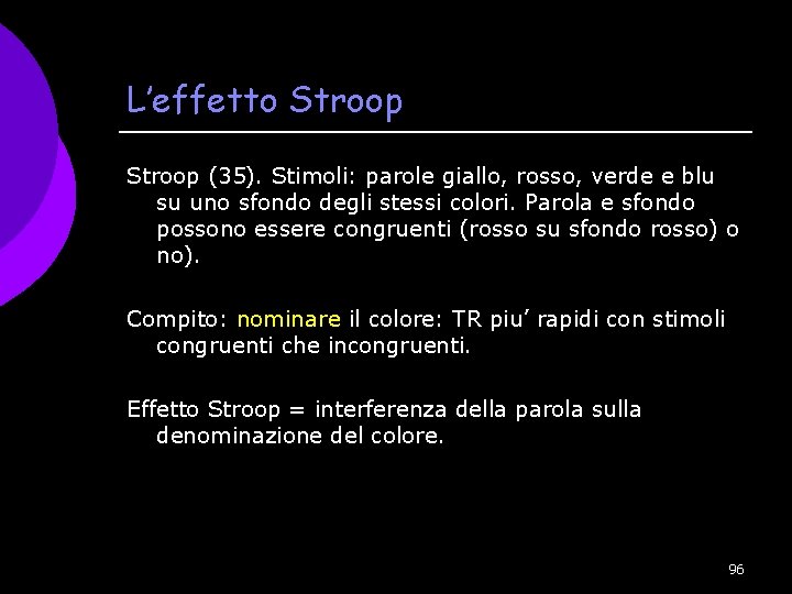 L’effetto Stroop (35). Stimoli: parole giallo, rosso, verde e blu su uno sfondo degli