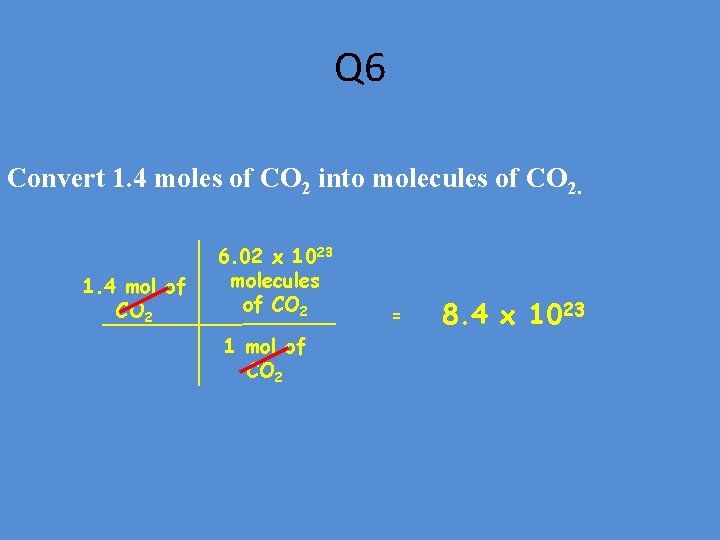 Q 6 Convert 1. 4 moles of CO 2 into molecules of CO 2.