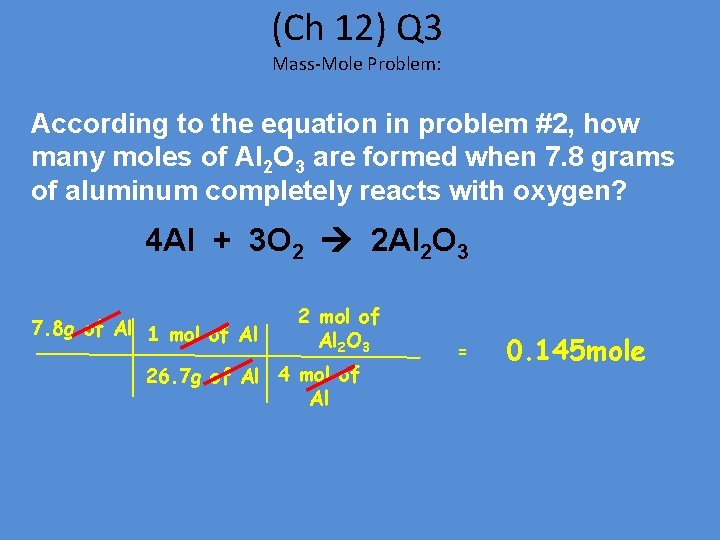 (Ch 12) Q 3 Mass-Mole Problem: According to the equation in problem #2, how