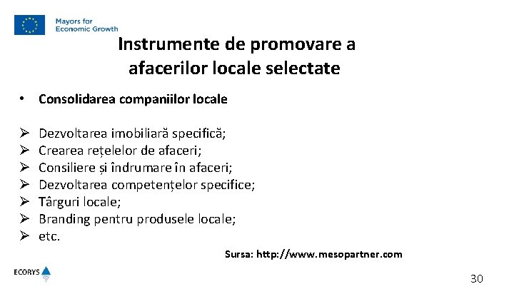 Instrumente de promovare a afacerilor locale selectate • Consolidarea companiilor locale Ø Ø Instrumente de promovare a afacerilor locale selectate • Consolidarea companiilor locale Ø Ø