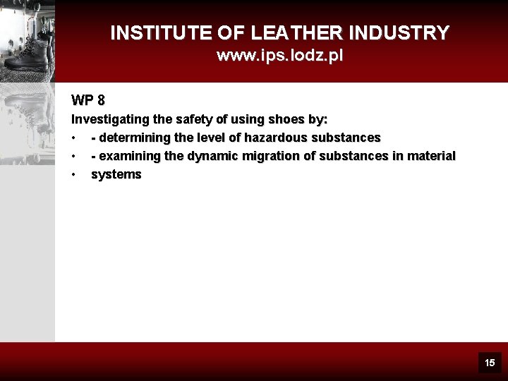 INSTITUTE OF LEATHER INDUSTRY www. ips. lodz. pl WP 8 Investigating the safety of