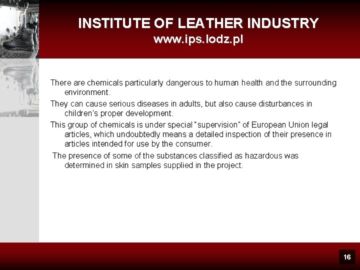 INSTITUTE OF LEATHER INDUSTRY www. ips. lodz. pl There are chemicals particularly dangerous to