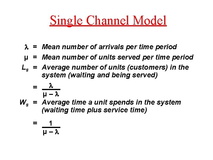 Single Channel Model µ Ls = = = Mean number of arrivals per time