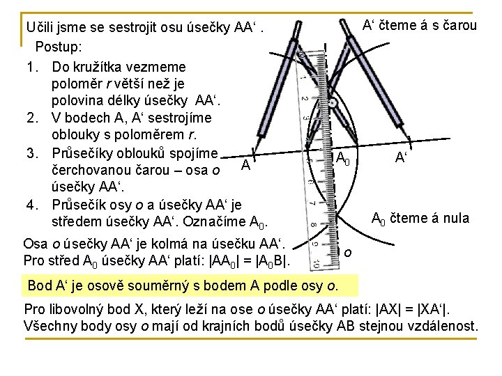 Učili jsme se sestrojit osu úsečky AA‘. Postup: 1. Do kružítka vezmeme poloměr r