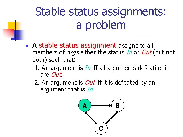 Stable status assignments: a problem n A stable status assignment assigns to all members