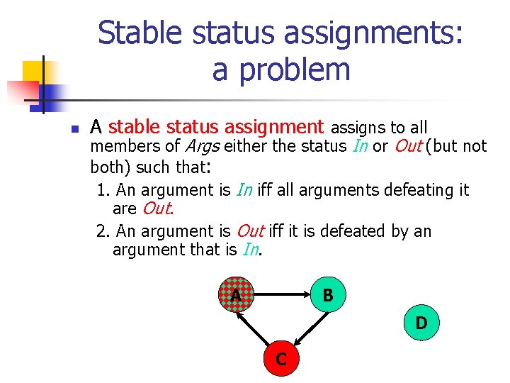 Stable status assignments: a problem n A stable status assignment assigns to all members