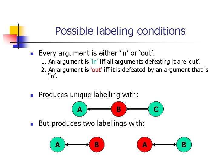 Possible labeling conditions n Every argument is either ‘in’ or ‘out’. 1. An argument