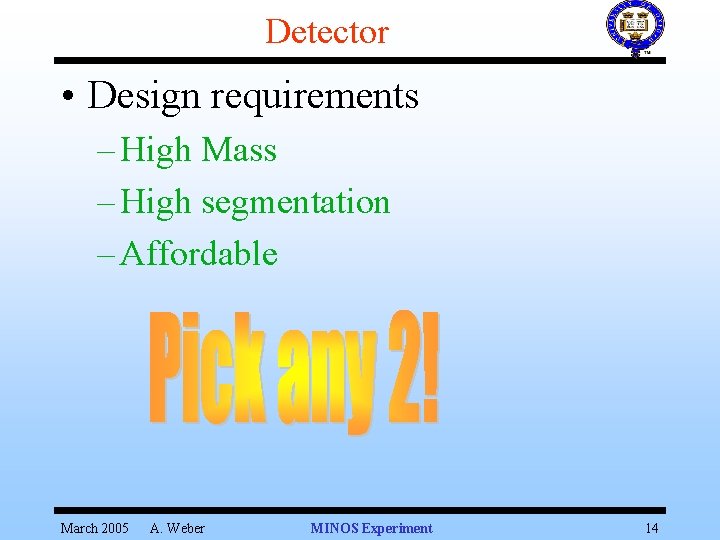 Detector • Design requirements – High Mass – High segmentation – Affordable March 2005