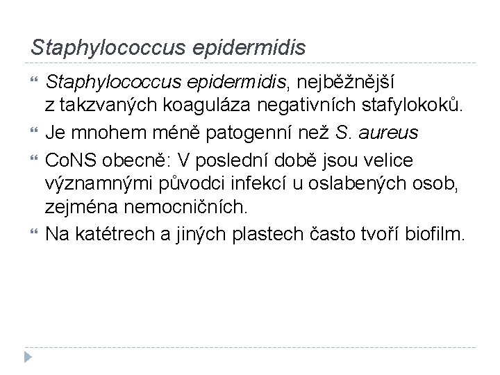 Staphylococcus epidermidis Staphylococcus epidermidis, nejběžnější z takzvaných koaguláza negativních stafylokoků. Je mnohem méně patogenní