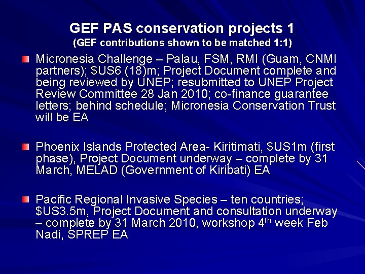 GEF PAS conservation projects 1 (GEF contributions shown to be matched 1: 1) Micronesia