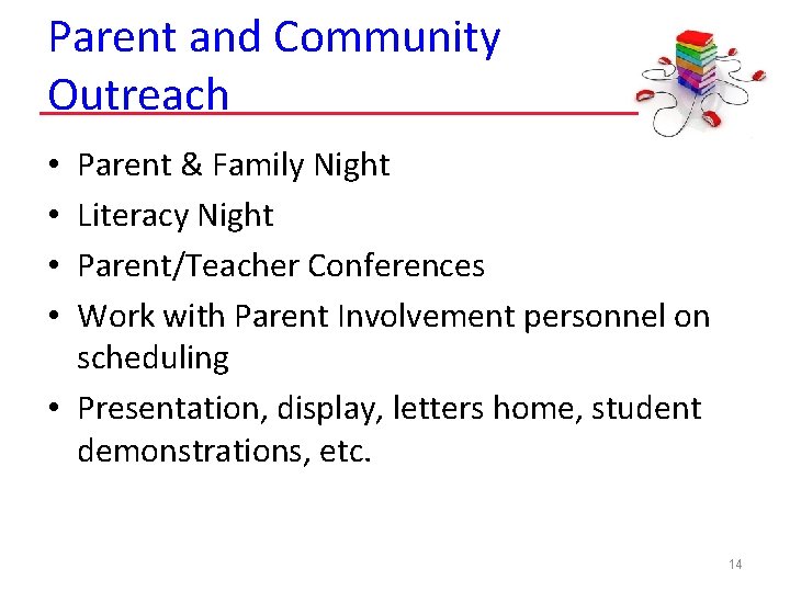Parent and Community Outreach Parent & Family Night Literacy Night Parent/Teacher Conferences Work with