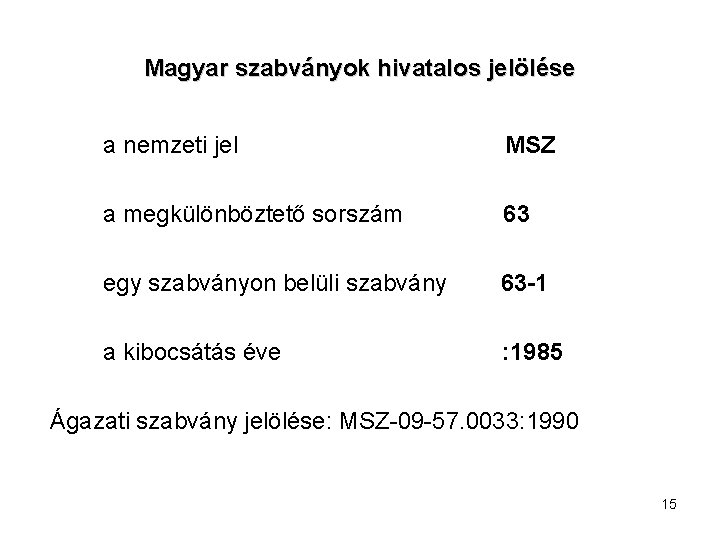 Magyar szabványok hivatalos jelölése a nemzeti jel MSZ a megkülönböztető sorszám 63 egy szabványon