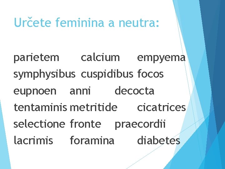 Určete feminina a neutra: parietem calcium empyema symphysibus cuspidibus focos eupnoen anni decocta tentaminis