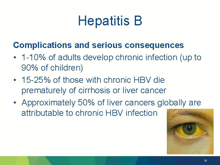 Hepatitis B Complications and serious consequences • 1 -10% of adults develop chronic infection