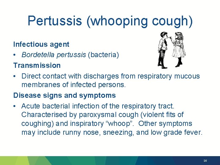 Pertussis (whooping cough) Infectious agent • Bordetella pertussis (bacteria) Transmission • Direct contact with