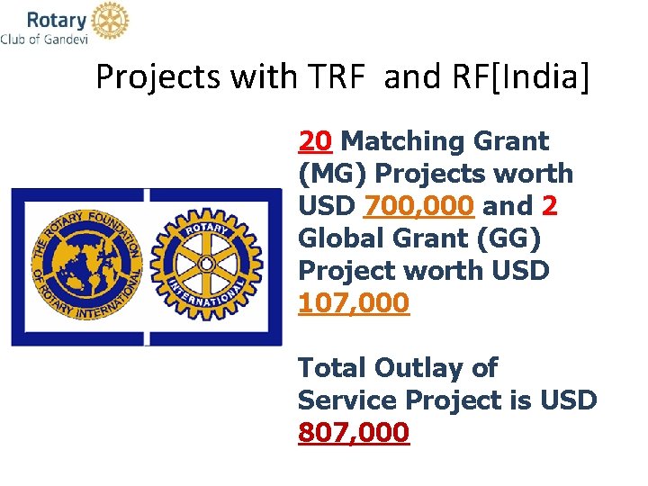 Projects with TRF and RF[India] 20 Matching Grant (MG) Projects worth USD 700, 000