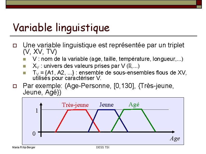 Variable linguistique Une variable linguistique est représentée par un triplet (V, XV, TV) V