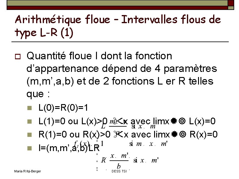 Arithmétique floue – Intervalles flous de type L-R (1) Quantité floue I dont la