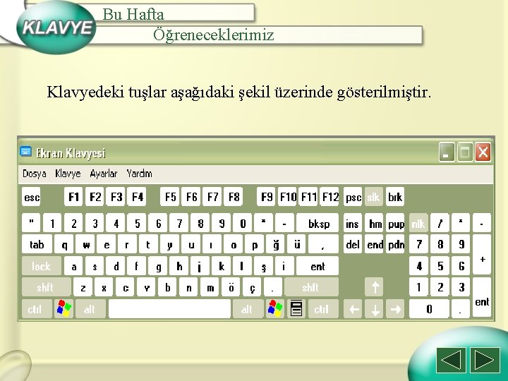 Bu Hafta Öğreneceklerimiz Klavyedeki tuşlar aşağıdaki şekil üzerinde gösterilmiştir. 