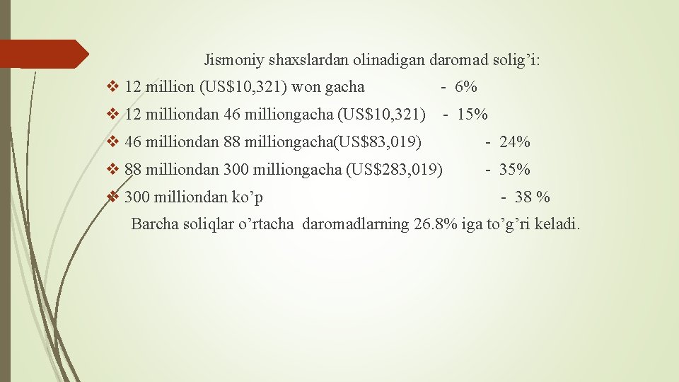 Jismoniy shaxslardan olinadigan daromad solig’i: v 12 million (US$10, 321) won gacha - 6%