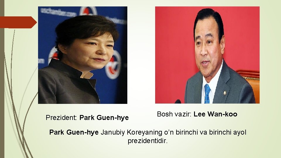  Prezident: Park Guen-hye Bosh vazir: Lee Wan-koo Park Guen-hye Janubiy Koreyaning o’n birinchi