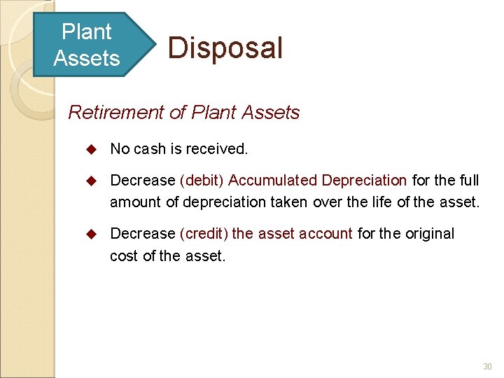 Plant Assets Disposal Retirement of Plant Assets u No cash is received. u Decrease