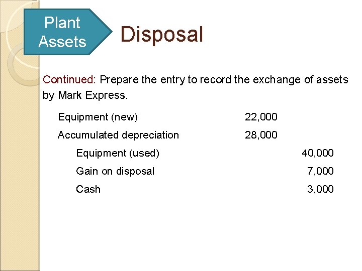 Plant Assets Disposal Continued: Prepare the entry to record the exchange of assets by