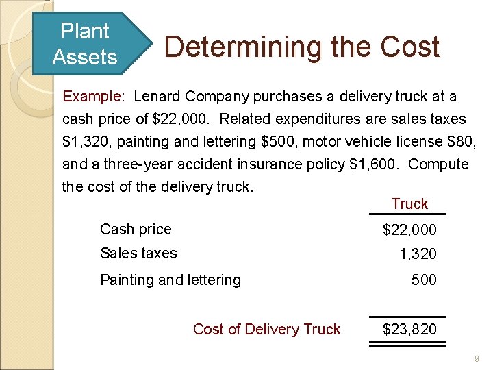 Plant Assets Determining the Cost Example: Lenard Company purchases a delivery truck at a