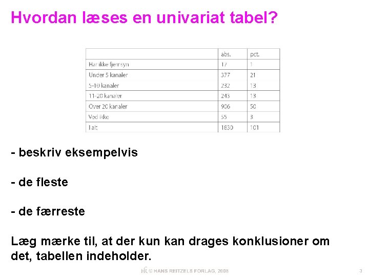 Hvordan læses en univariat tabel? - beskriv eksempelvis - de fleste - de færreste