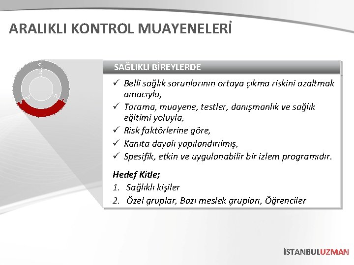 ARALIKLI KONTROL MUAYENELERİ SAĞLIKLI BİREYLERDE ü Belli sağlık sorunlarının ortaya çıkma riskini azaltmak amacıyla, ARALIKLI KONTROL MUAYENELERİ SAĞLIKLI BİREYLERDE ü Belli sağlık sorunlarının ortaya çıkma riskini azaltmak amacıyla,
